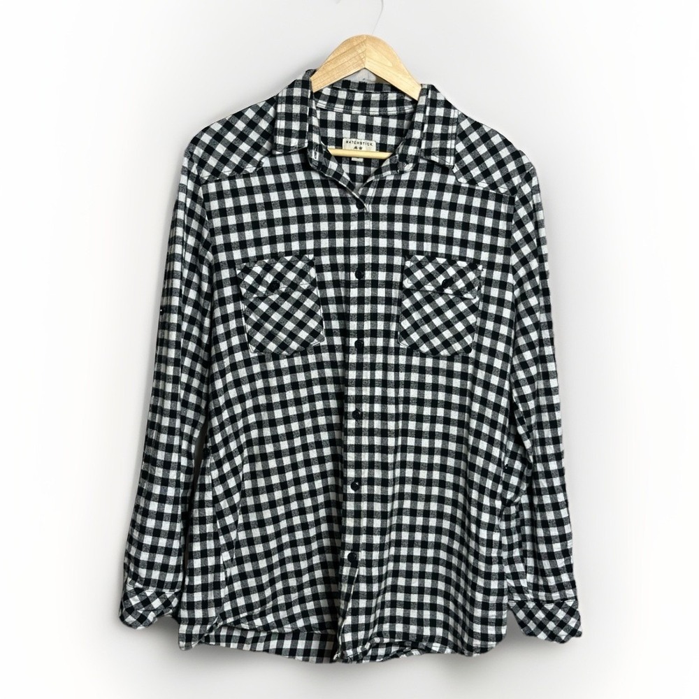 Matchstick Plaid Flannel Shirt Black White Button-Up Long Sleeve Women's Large - Picture 6 of 7